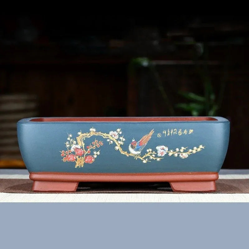 8" (20.5cm) Rectangular Hand-Carved Artistic Bonsai Pots w Bird & Floral Motif Blue Color