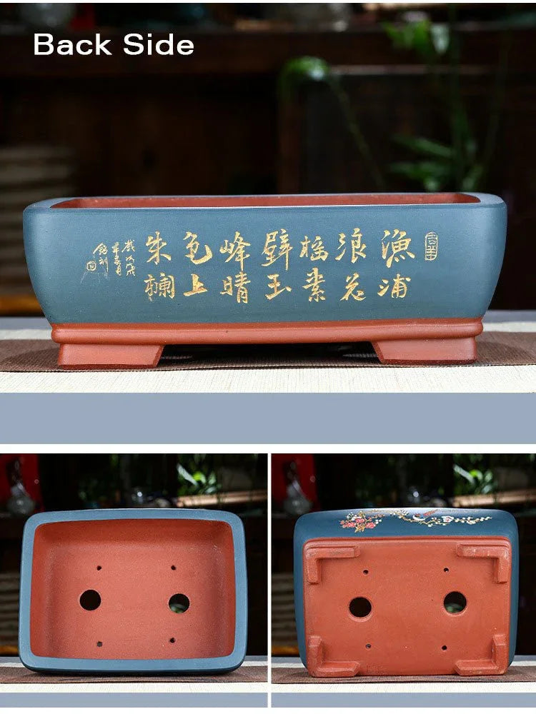 8" (20.5cm) Rectangular Hand-Carved Artistic Bonsai Pots w Bird & Floral Motif Blue Color Back, Inner & Bottom View