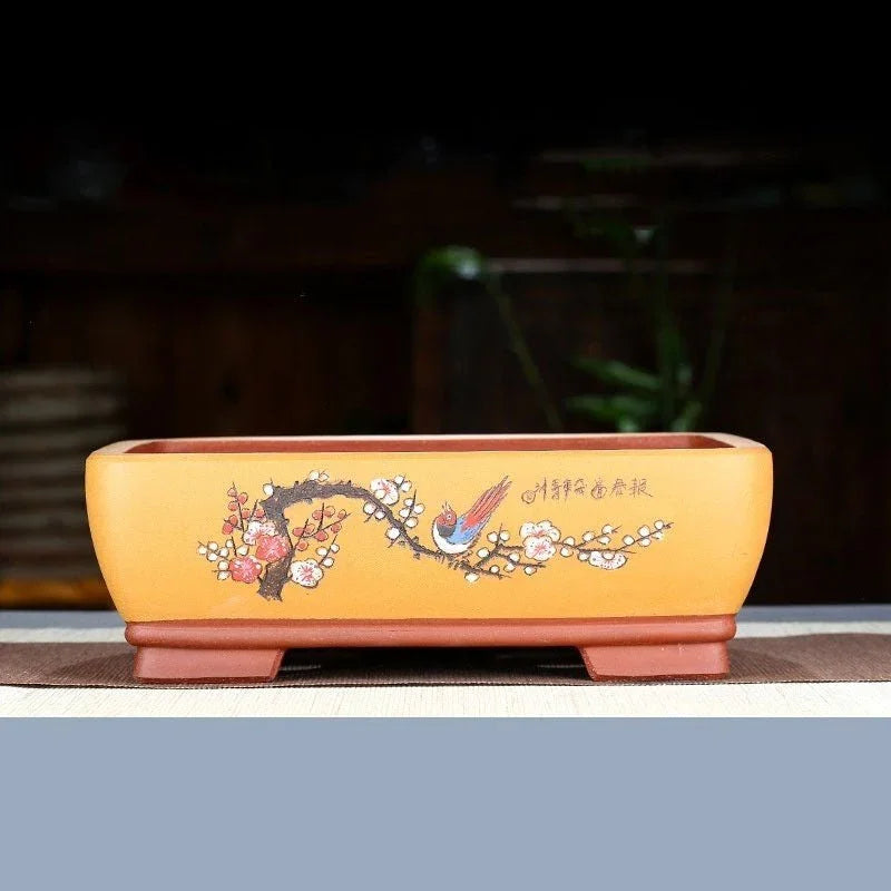 8" (20.5cm) Rectangular Hand-Carved Artistic Bonsai Pots w Bird & Floral Motif Yellow Color