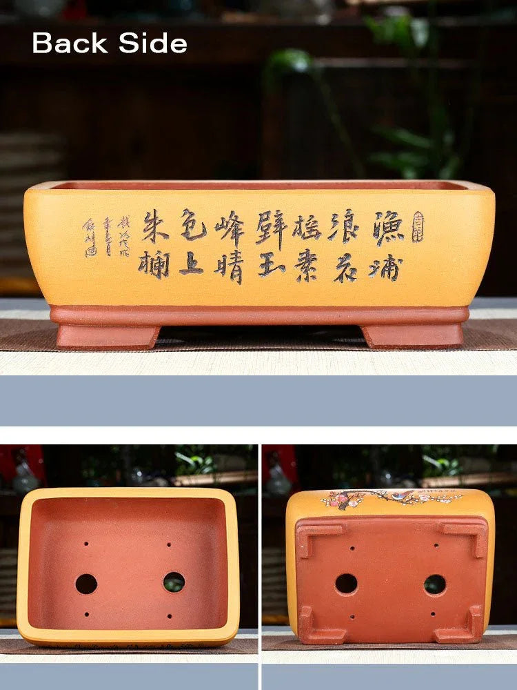 8" (20.5cm) Rectangular Hand-Carved Artistic Bonsai Pots w Bird & Floral Motif Yellow Color Back, Inner & Bottom View