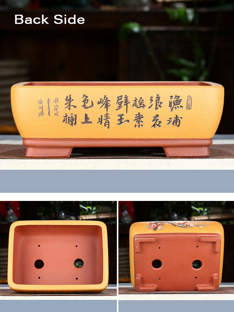 8" (20.5cm) Rectangular Hand-Carved Artistic Bonsai Pots w Bird & Floral Motif Yellow Color Back, Inner & Bottom View