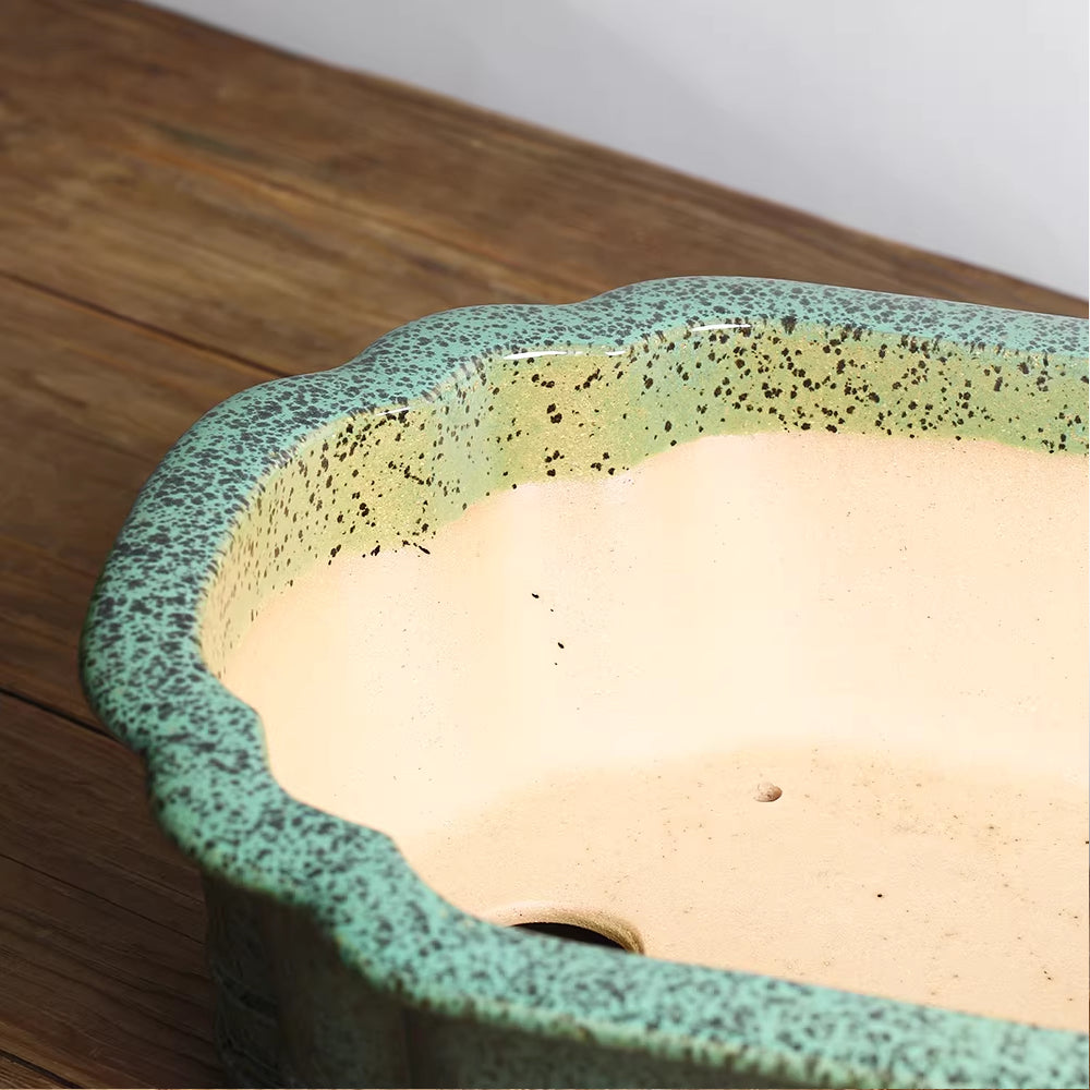 14.7" (37.5cm) Large Scalloped Oval High-Temp Green Glazed Bonsai Pot