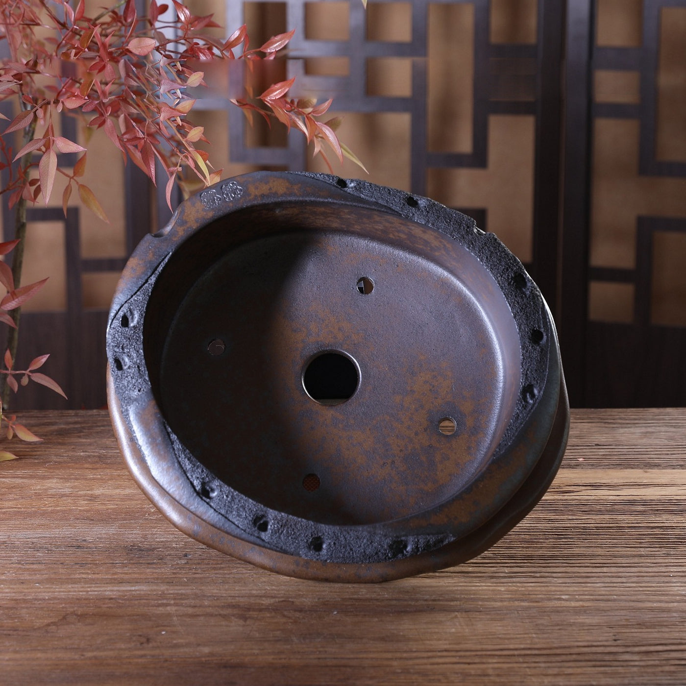 10.2" (26cm) Vaso bonsai ovale grande, cotto a legna, con finitura puntinata, non smaltato e con texture simile all'erosione