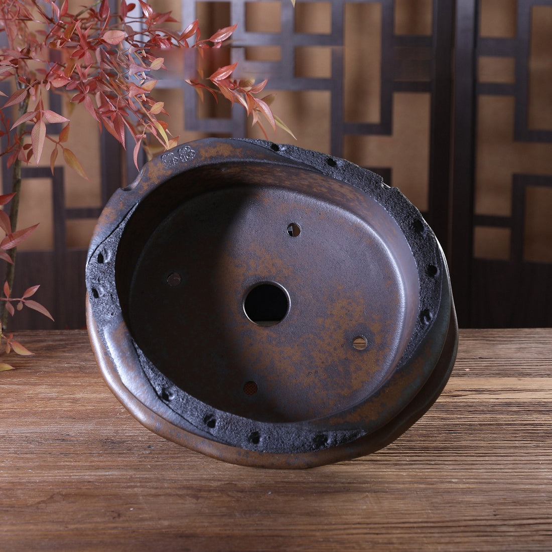 10.2" (26cm) Vaso bonsai ovale grande, cotto a legna, con finitura puntinata, non smaltato e con texture simile all'erosione