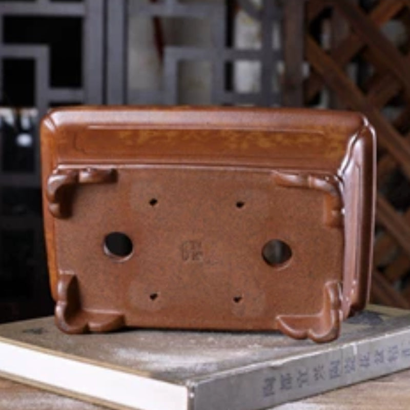 8 Inch (20.5cm) Large Flared Rectangular Unglazed Wood-Fired Bonsai Pot Bottom View