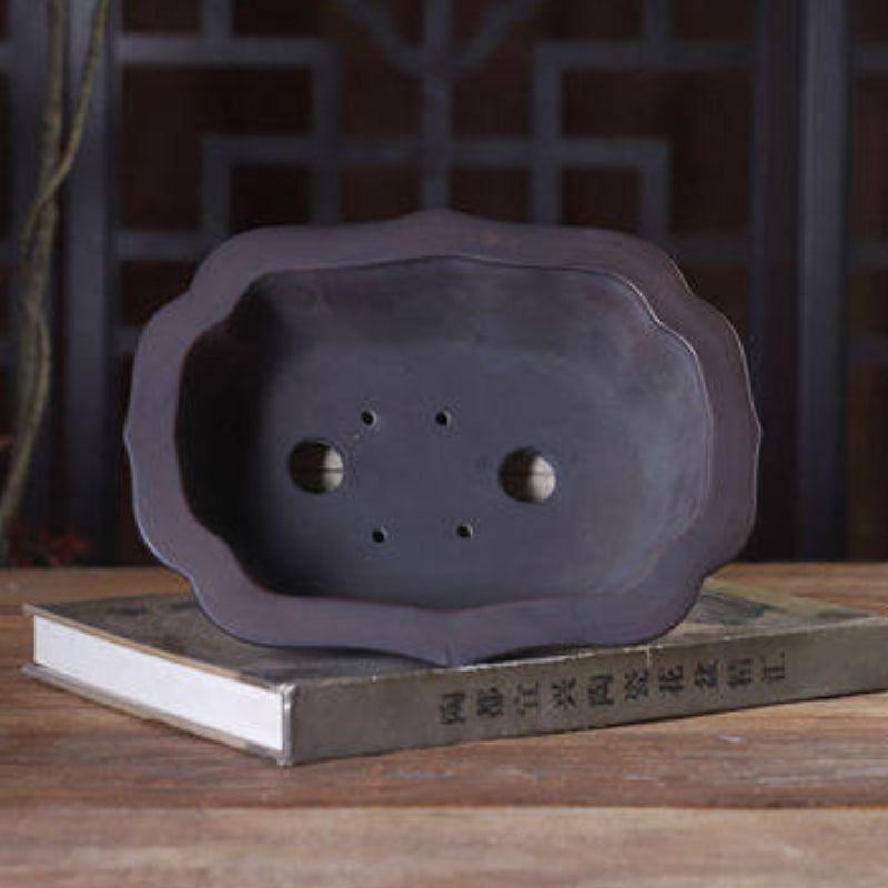 8 inch (20.5cm) Lotus-Style Lobed Rectangular Black-Brown Gradient Unglazed Bonsai Pot Inner View