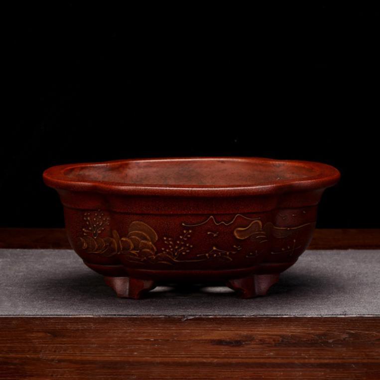 8" Lotus-Shaped Antique Style Raised Feet Unglazed Pot - Potscape