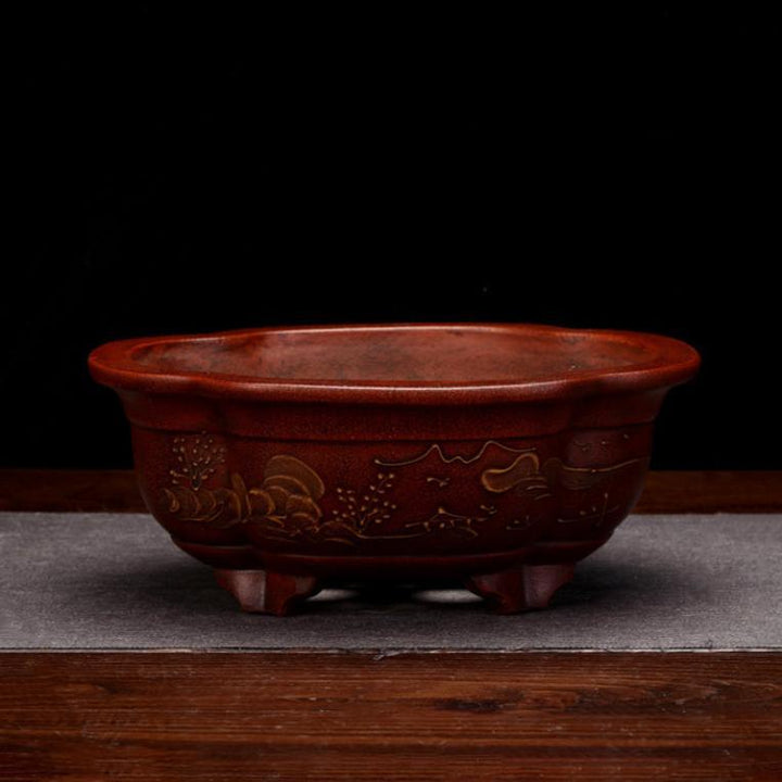 8" Lotus-Shaped Antique Style Raised Feet Unglazed Pot - Potscape