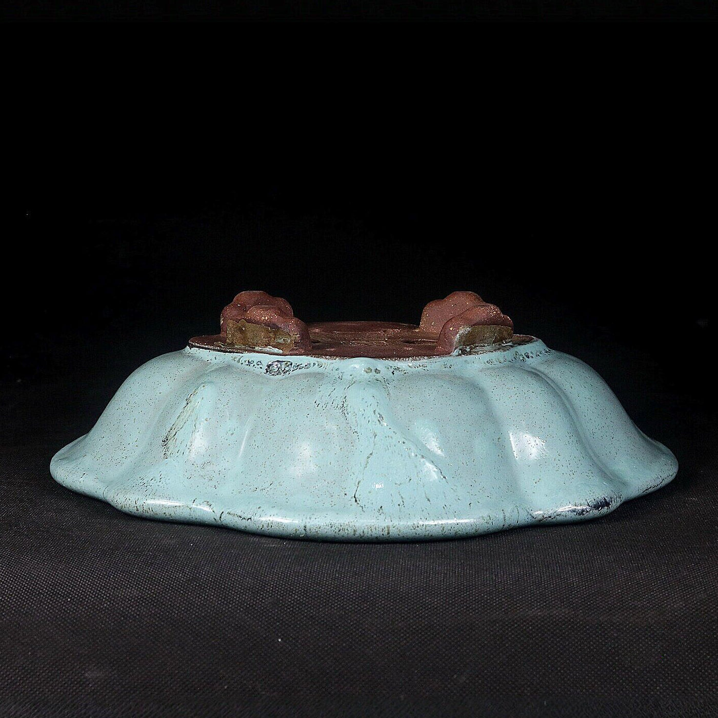8.6" (22cm) Flared Scalloped Lotus-Shaped Green Glazed Shallow Bonsai Pot