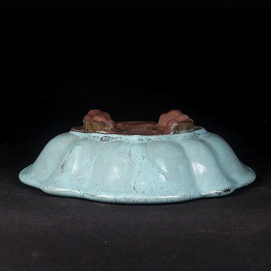 8.6" (22cm) Flared Scalloped Lotus-Shaped Green Glazed Shallow Bonsai Pot