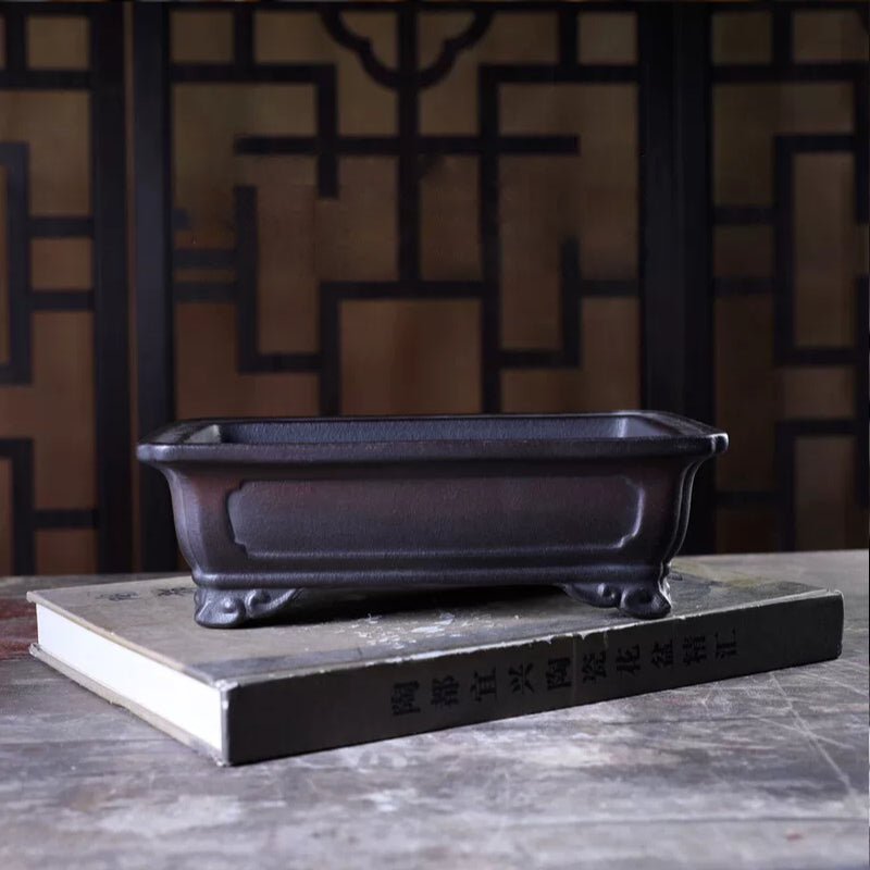 8 inch (20.3cm) Rectangular Antique-Style Black-Dark Brown Gradient Unglazed Bonsai Pot