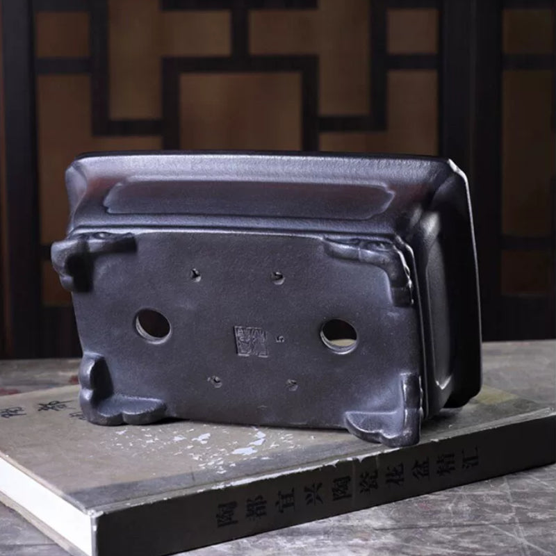 8 inch (20.3cm) Rectangular Antique-Style Black-Dark Brown Gradient Unglazed Bonsai Pot Bottom View
