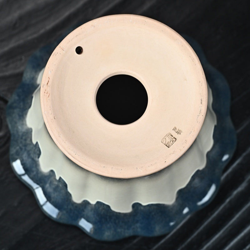 8 inch (20.5cm) Large 5.9 inch (15cm) Deep Flared Drip-Glaze Semi Cascade Bonsai Pot Bottom View