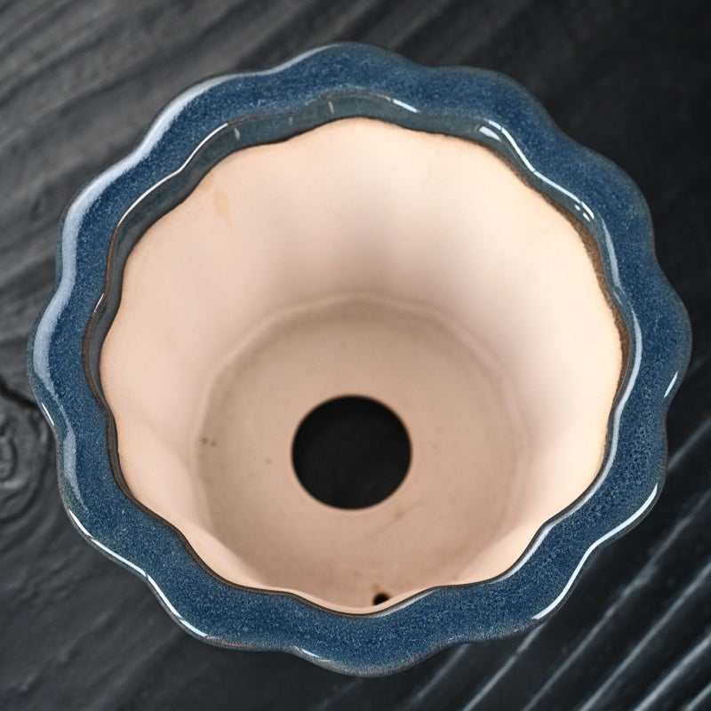 8 inch (20.5cm) Large 5.9 inch (15cm) Deep Flared Drip-Glaze Semi Cascade Bonsai Pot Inner View