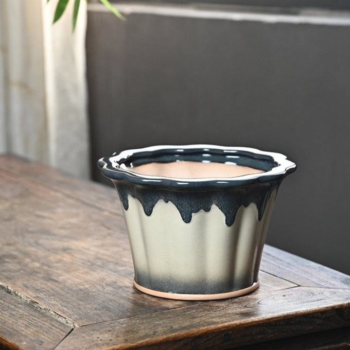 8 inch (20.5cm) Large 5.9 inch (15cm) Deep Flared Drip-Glaze Semi Cascade Bonsai Pot Top View