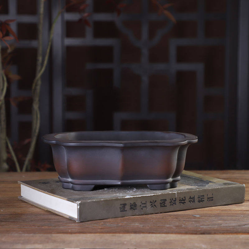 8 inch (20.5cm) Lotus-Style Lobed Rectangular Black-Brown Gradient Unglazed Bonsai Pot