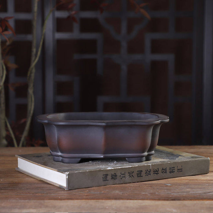 8 inch (20.5cm) Lotus-Style Lobed Rectangular Black-Brown Gradient Unglazed Bonsai Pot
