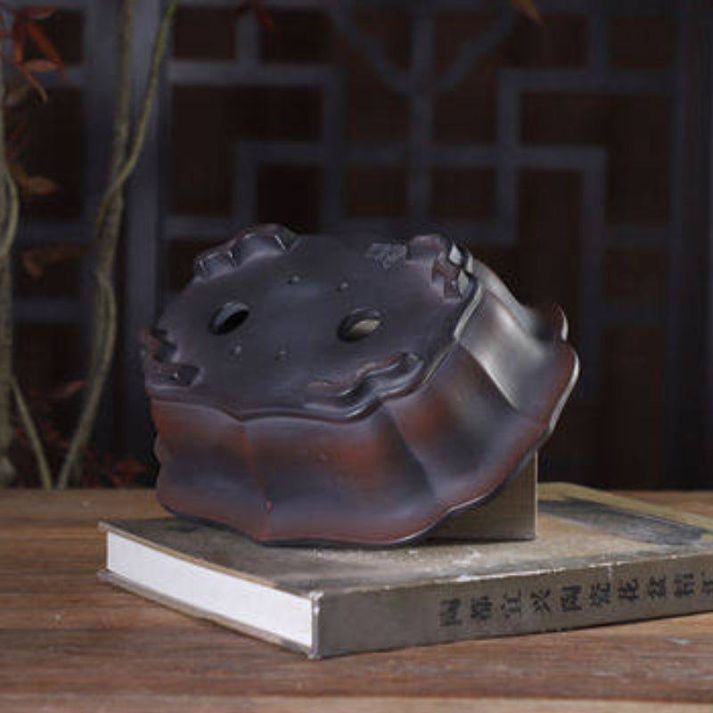 8 inch (20.5cm) Lotus-Style Lobed Rectangular Black-Brown Gradient Unglazed Bonsai Pot Bottom View