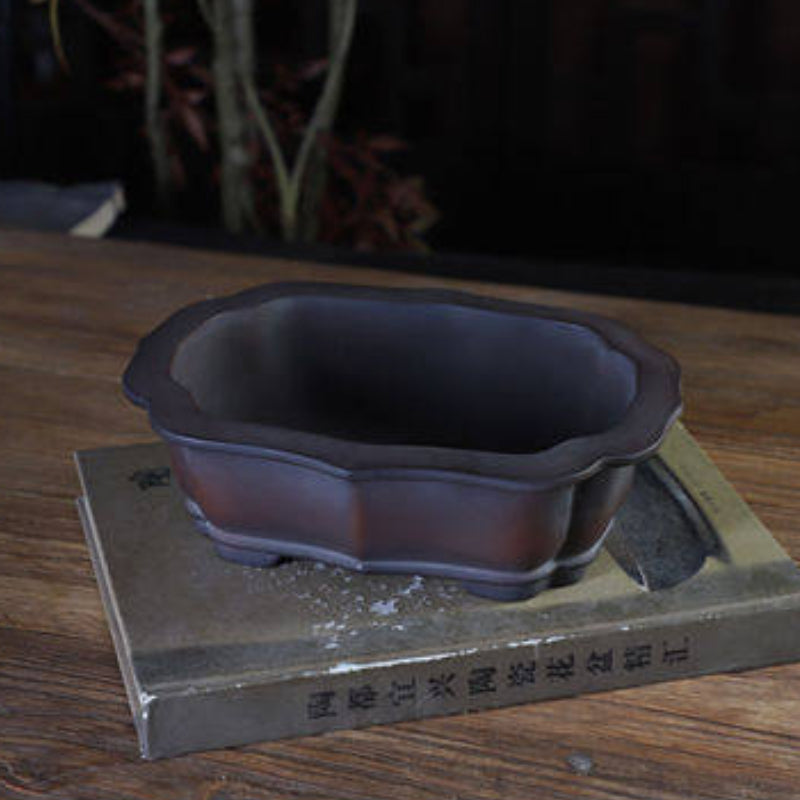 8 inch (20.5cm) Lotus-Style Lobed Rectangular Black-Brown Gradient Unglazed Bonsai Pot Top View