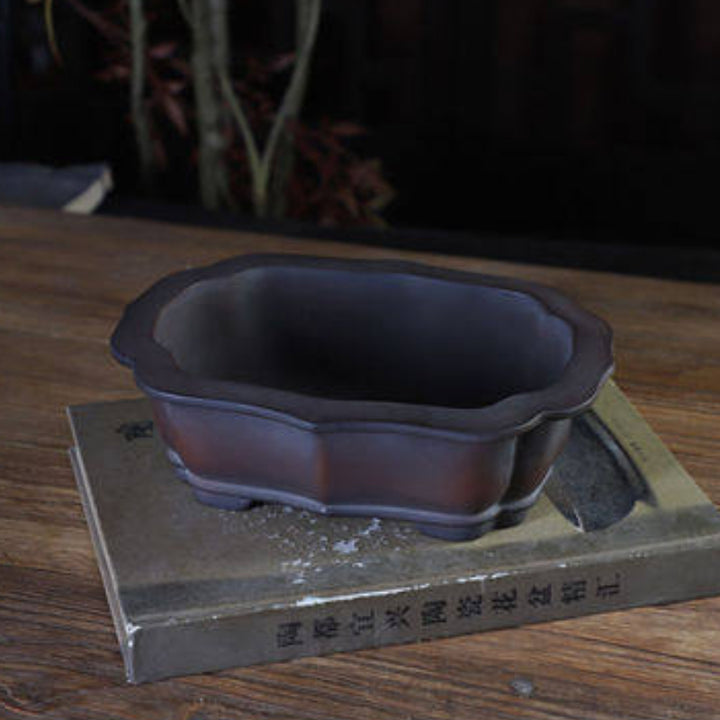 8 inch (20.5cm) Lotus-Style Lobed Rectangular Black-Brown Gradient Unglazed Bonsai Pot Top View