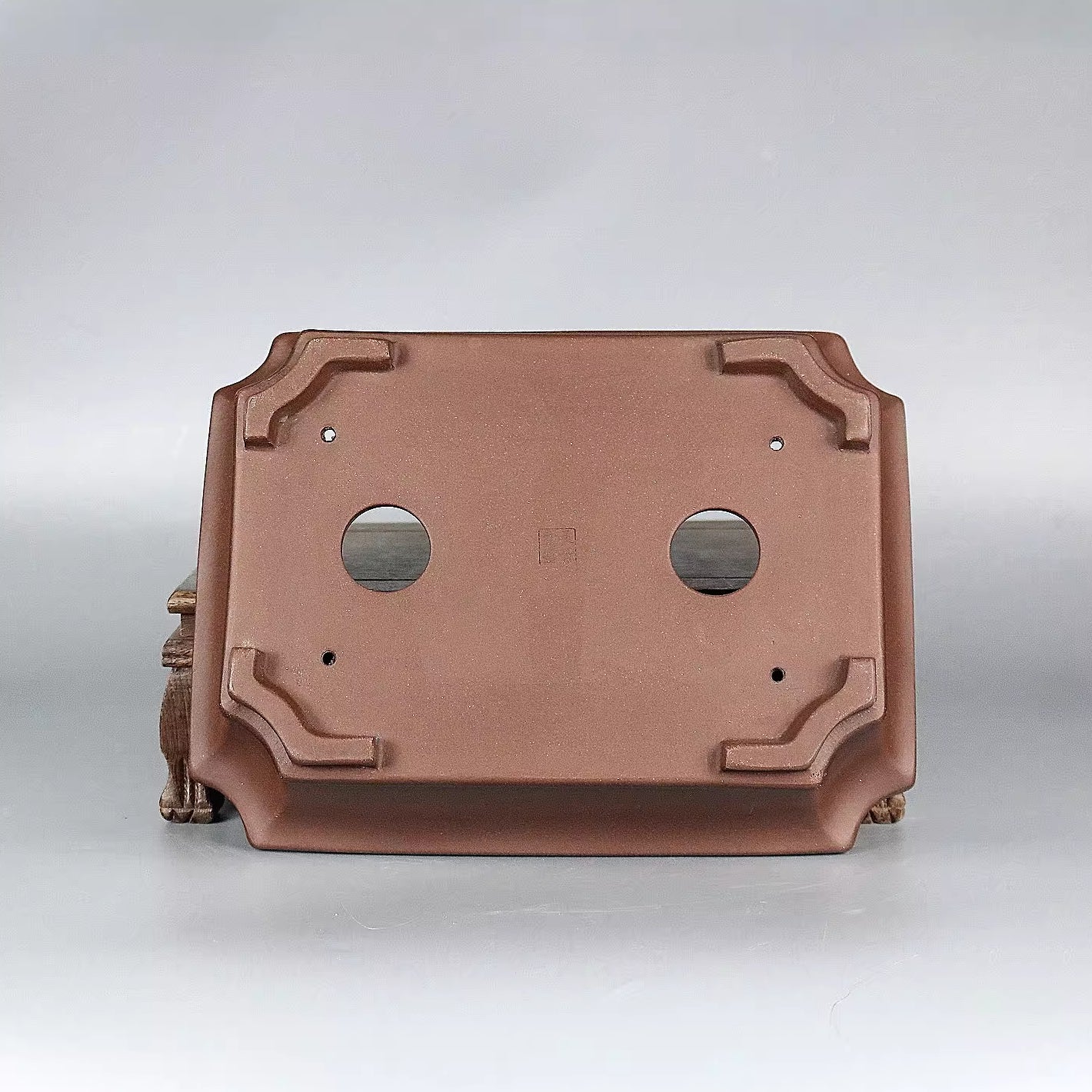 8 inch (20.5cm) Medium-Sized Flared Rectangular Corner-Cut Unglazed Bonsai Pot Bottom View