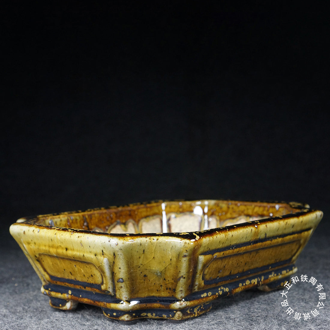8 inch (20.5cm) Rectangular Yixing Dazhenghe Kiln Glazed Yellow Multi Tone Bonsai Pot Corner View