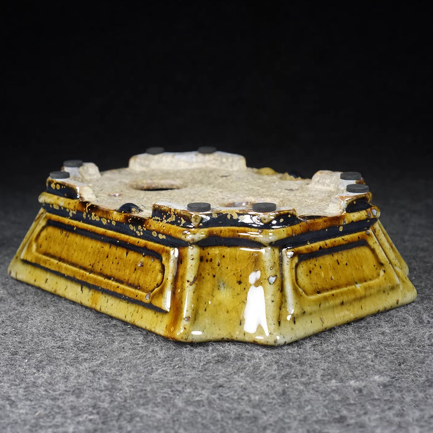 8 inch (20.5cm) Rectangular Yixing Dazhenghe Kiln Glazed Yellow Multi Tone Bonsai Pot Upside Down View