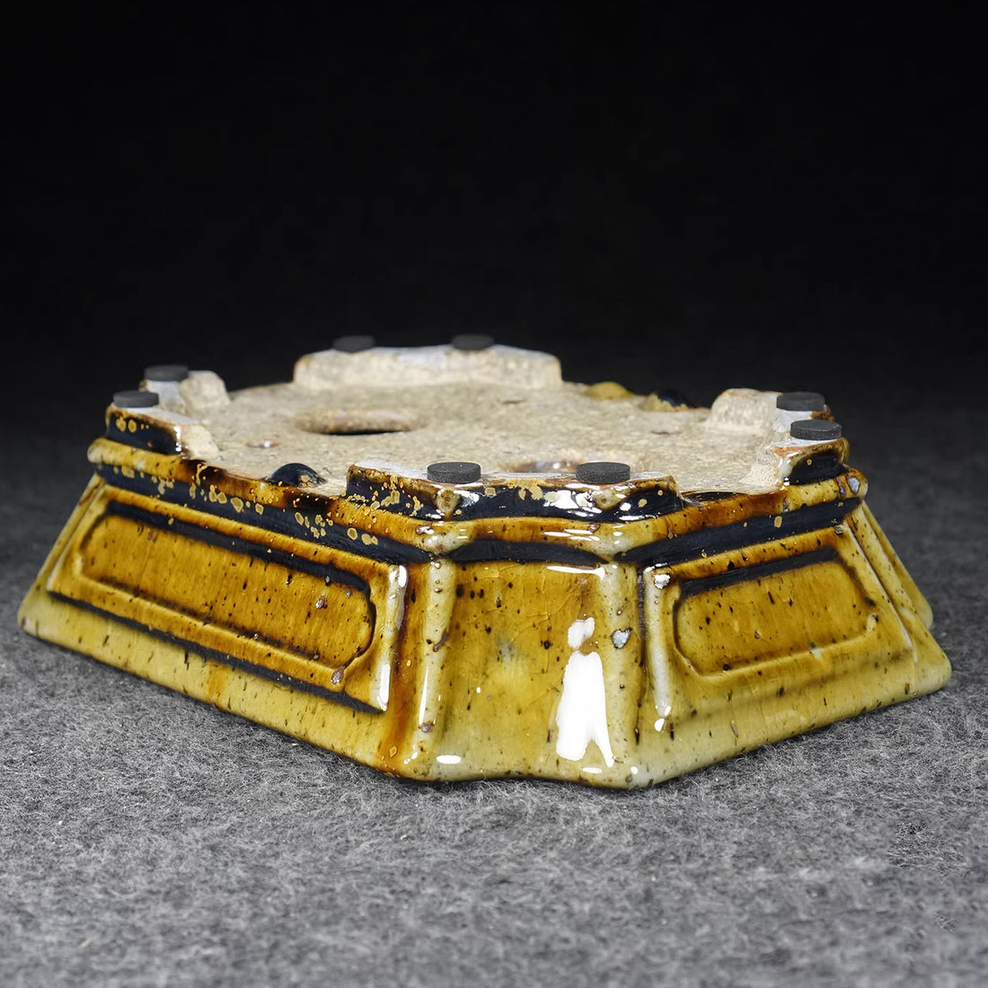 8 inch (20.5cm) Rectangular Yixing Dazhenghe Kiln Glazed Yellow Multi Tone Bonsai Pot Upside Down View
