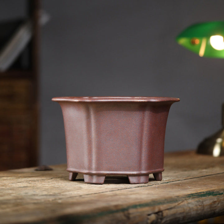 8 inch (20.5cm) Wide 5.5 inch (14cm) Deep Hexagonal Wood-Fired Unglazed Semi Cascade Bonsai Pot