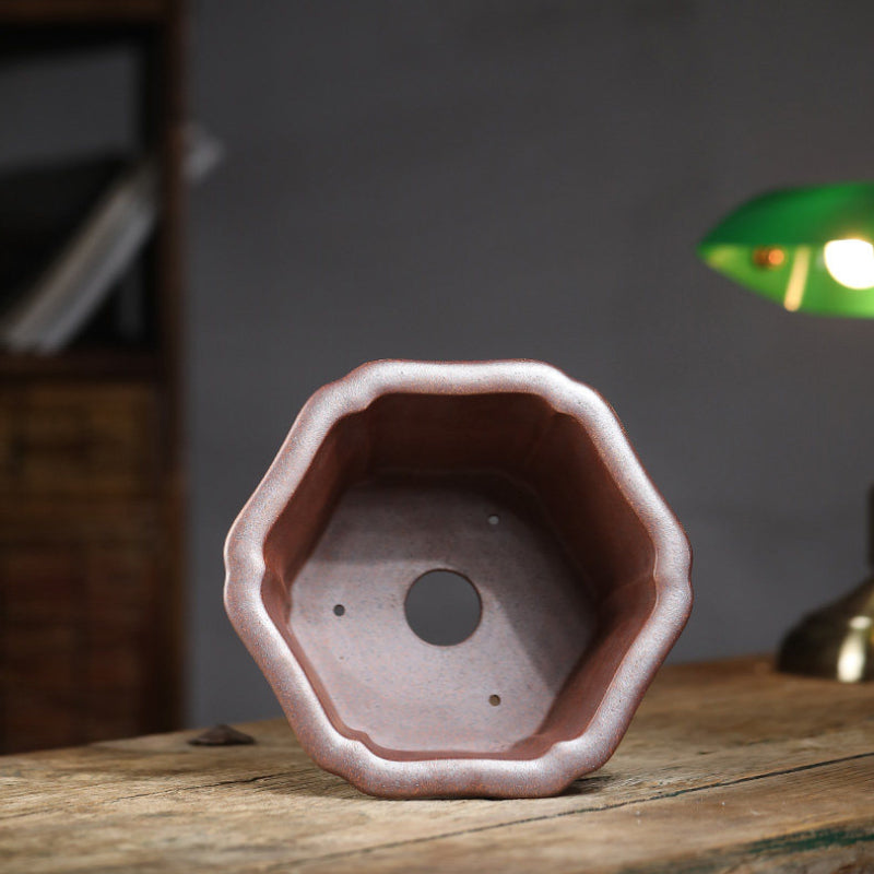 8 inch (20.5cm) Wide 5.5 inch (14cm) Deep Hexagonal Wood-Fired Unglazed Semi Cascade Bonsai Pot Inner View