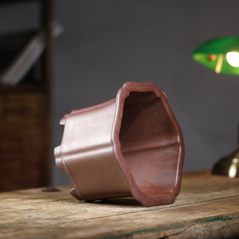 8 inch (20.5cm) Wide 5.5 inch (14cm) Deep Hexagonal Wood-Fired Unglazed Semi Cascade Bonsai Pot Side View