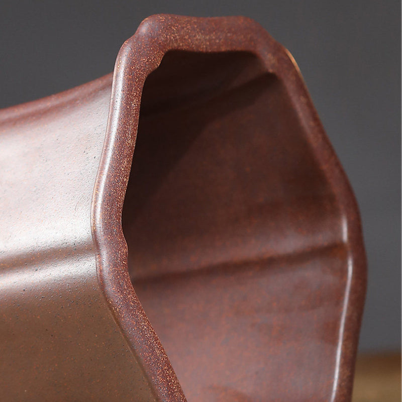 8 inch (20.5cm) Wide 5.5 inch (14cm) Deep Hexagonal Wood-Fired Unglazed Semi Cascade Bonsai Pot Side View Close Shot