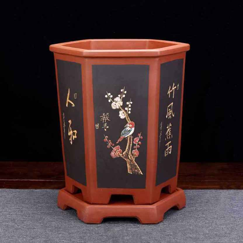 9.1" Deep Unglazed Yixing Clay Hexagonal Cascade Bonsai Pot w Stand