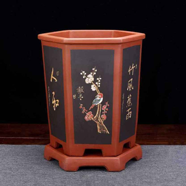 9.1" Deep Unglazed Yixing Clay Hexagonal Cascade Bonsai Pot w Stand