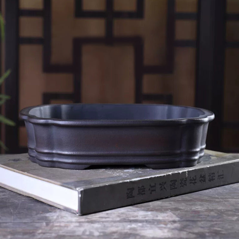 9.1 inch (23.3cm) Scalloped Corner Rectangle Antique-Style Bonsai Pot w Double Raised Lines