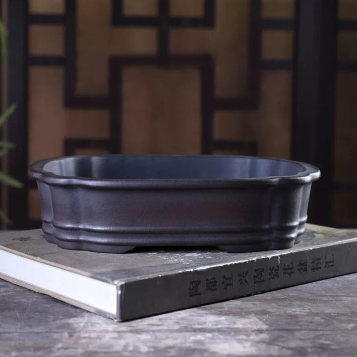 9.1 inch (23.3cm) Scalloped Corner Rectangle Antique-Style Bonsai Pot w Double Raised Lines