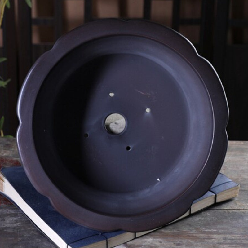 9.1 inch (23.3cm) Flared Lobed Round Black-Brown Gradient Unglazed Bonsai Pot Inside View