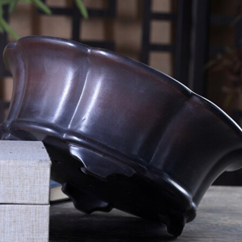 9.1 inch (23.3cm) Flared Lobed Round Black-Brown Gradient Unglazed Bonsai Pot Side View