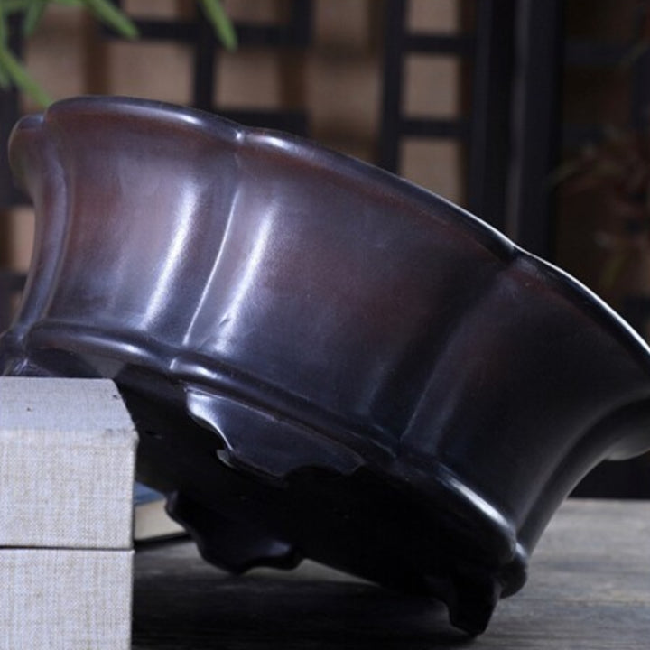 9.1 inch (23.3cm) Flared Lobed Round Black-Brown Gradient Unglazed Bonsai Pot Side View