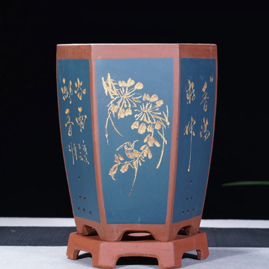 9.2" (23.5cm) Deep Hexagonal Artistic Cascade Bonsai Pot w Stand