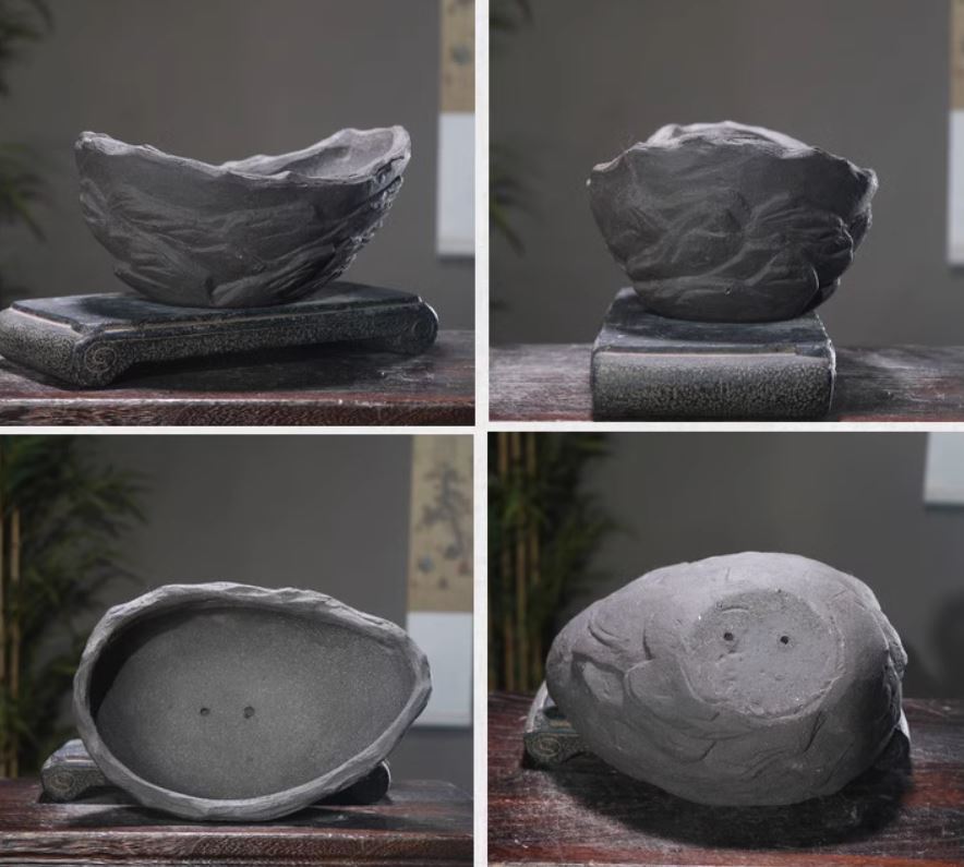 9.2” (23.5cm) Handcrafted Unglazed Abstract Crescent Bonsai Pot Multi Angel Shots