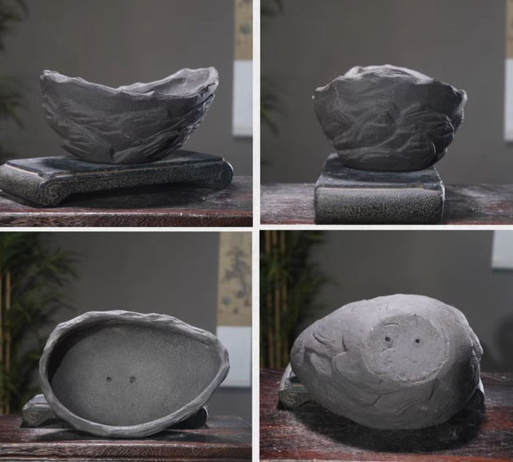 9.2” (23.5cm) Handcrafted Unglazed Abstract Crescent Bonsai Pot Multi Angel Shots
