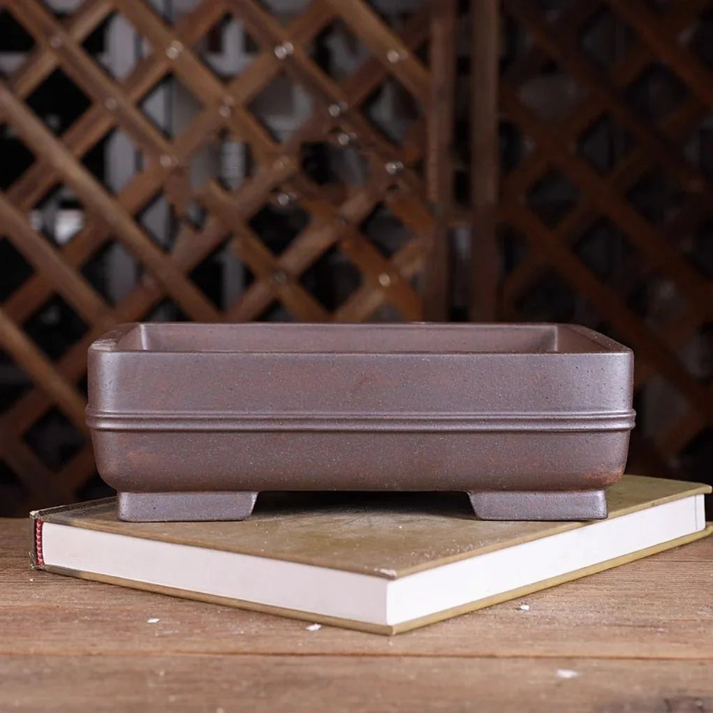 9.2" (23.5cm) Rectangle Firewood-Fired Bonsai Pot w Smooth Corners