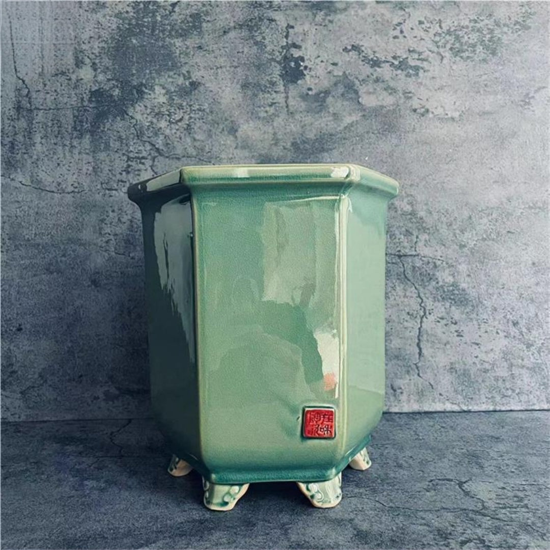 9.2" Deep Green Cracked Glaze Ceramic Cascade Bonsai Pots