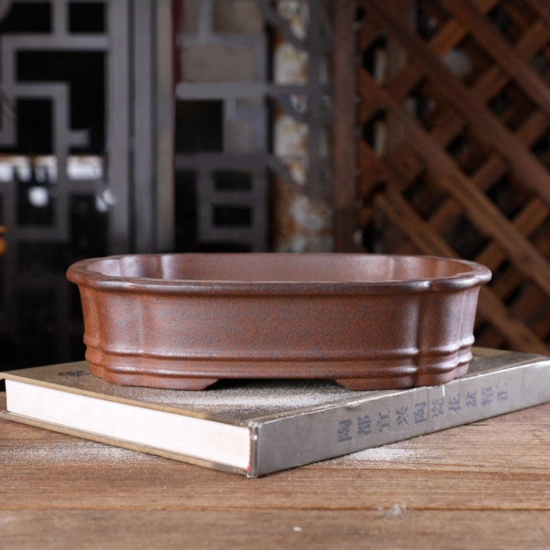 9.2 inch (23.5cm) Scalloped Corner Rectangular Wood-Fired Unglazed Bonsai Pot