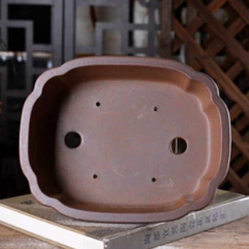 9.2 inch (23.5cm) Scalloped Corner Rectangular Wood-Fired Unglazed Bonsai Pot Inner View