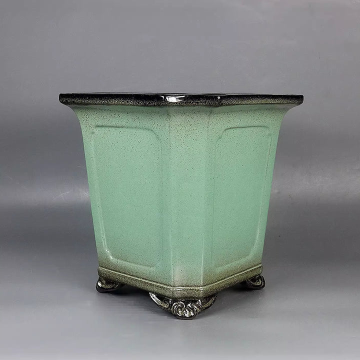 9.2 inch (21cm) Deep Square Premium Dual Tone Green-Black Glaze Cascade Bonsai Pot Corner View