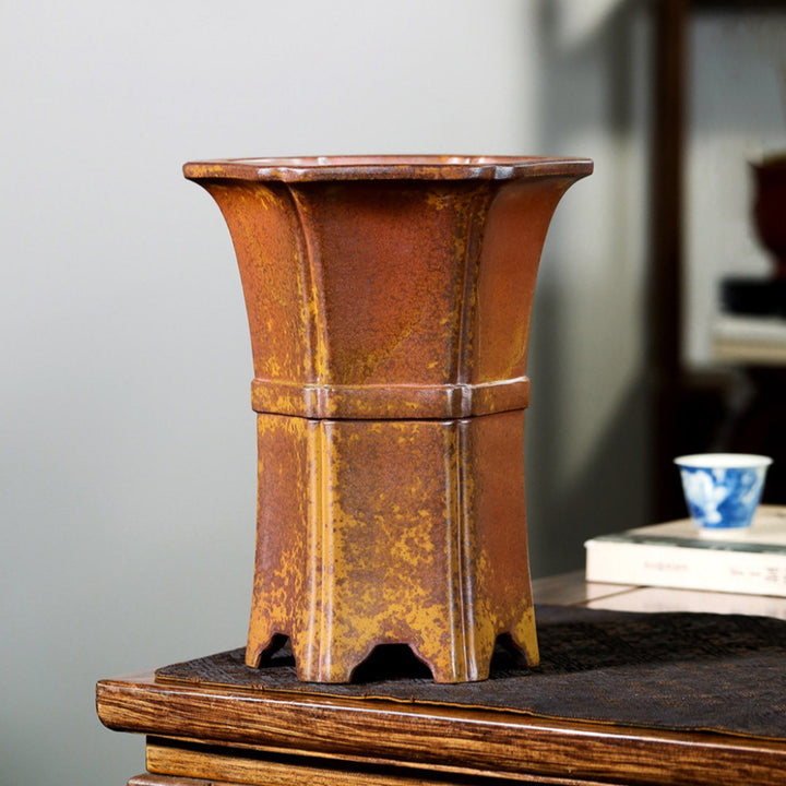 9.2 inch (23.5cm) Deep Hexagonal High-Waisted Wood-Fired Unglazed Cascade Bonsai Pot