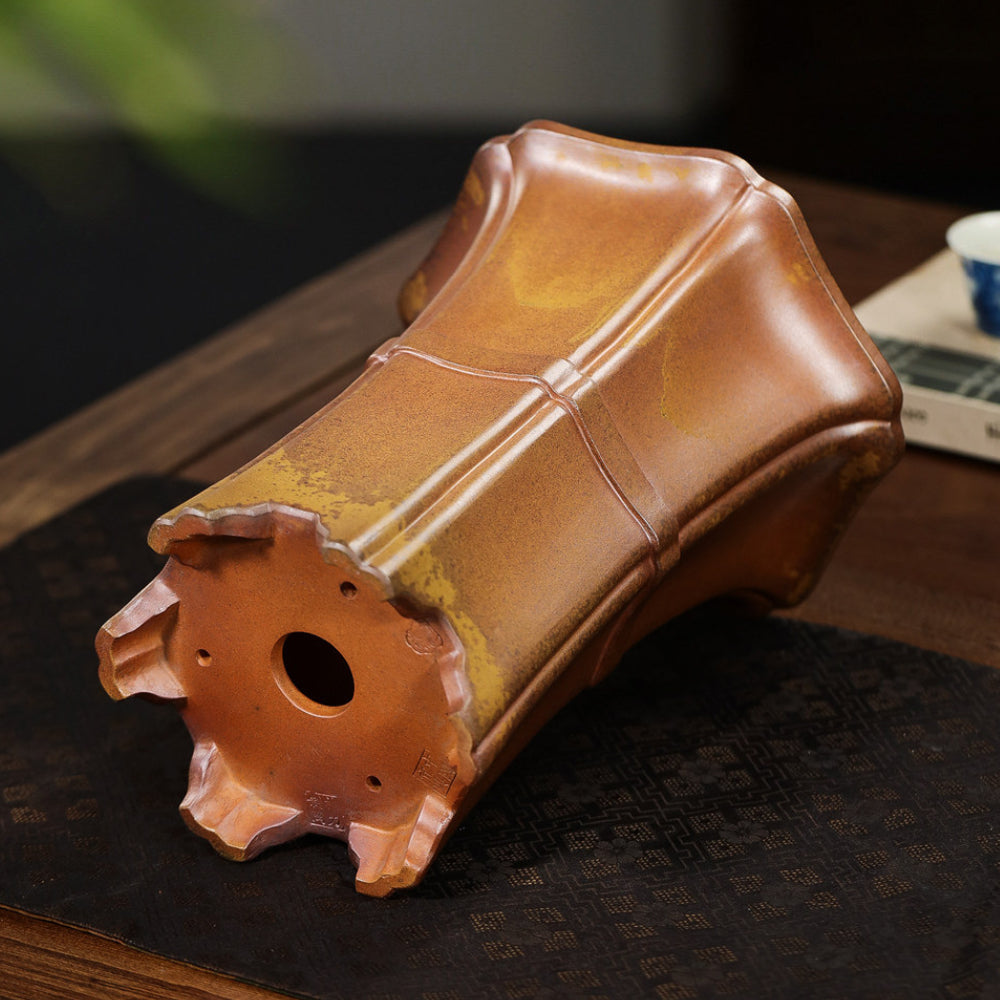 9.2 inch (23.5cm) Deep Hexagonal High-Waisted Wood-Fired Unglazed Cascade Bonsai Pot Bottom View