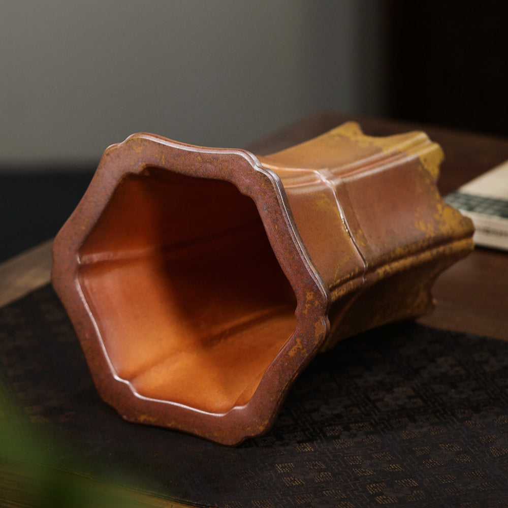 9.2 inch (23.5cm) Deep Hexagonal High-Waisted Wood-Fired Unglazed Cascade Bonsai Pot Inside View